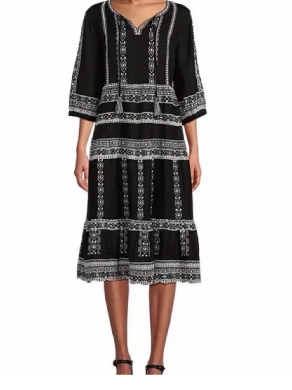 John Mark 100% Linen Embroidered Midi Dress Boho Tassel Tie Black White Medium